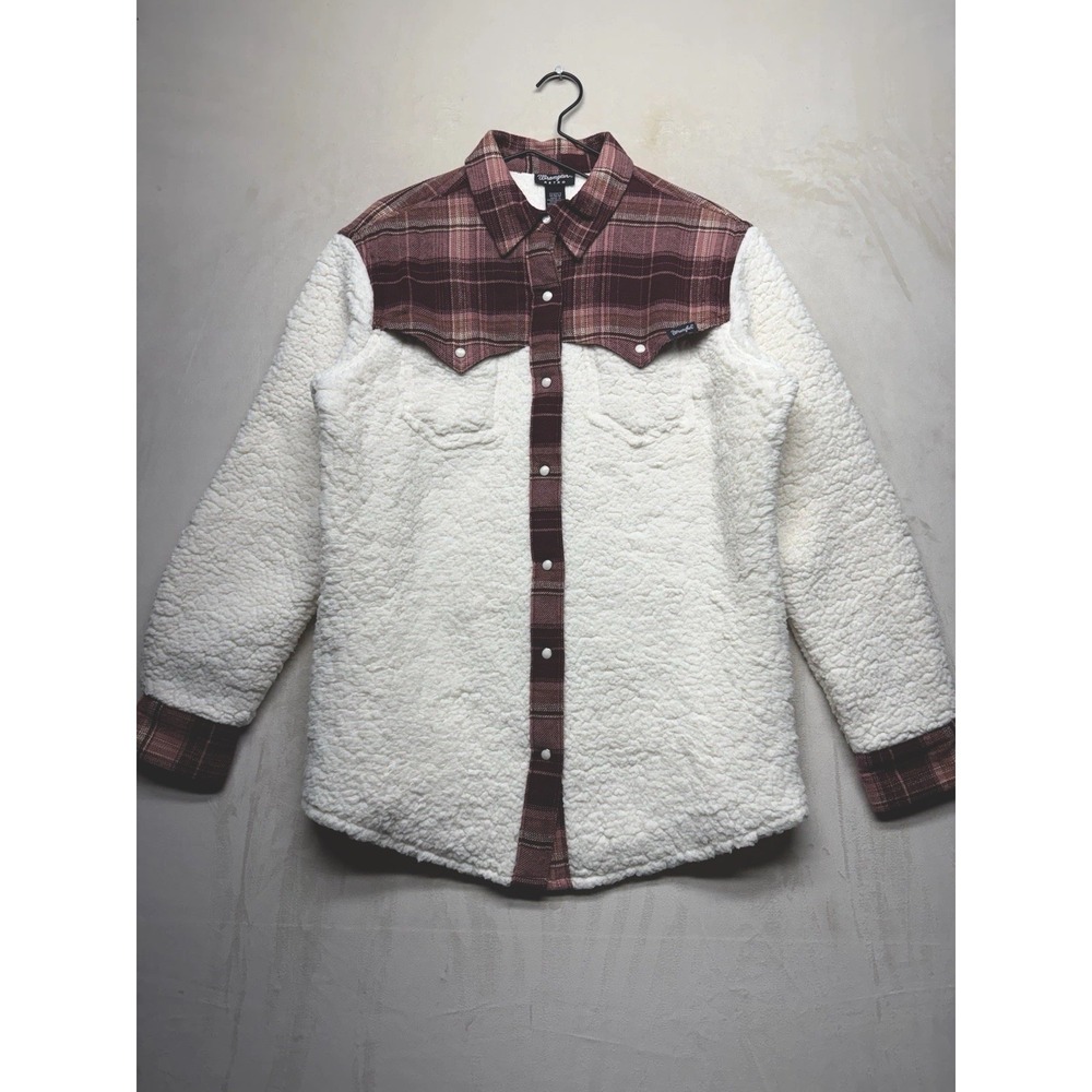 Wrangler Retro Fleece Jacket Women's M Cream Plaid Western Sherpa Shacket